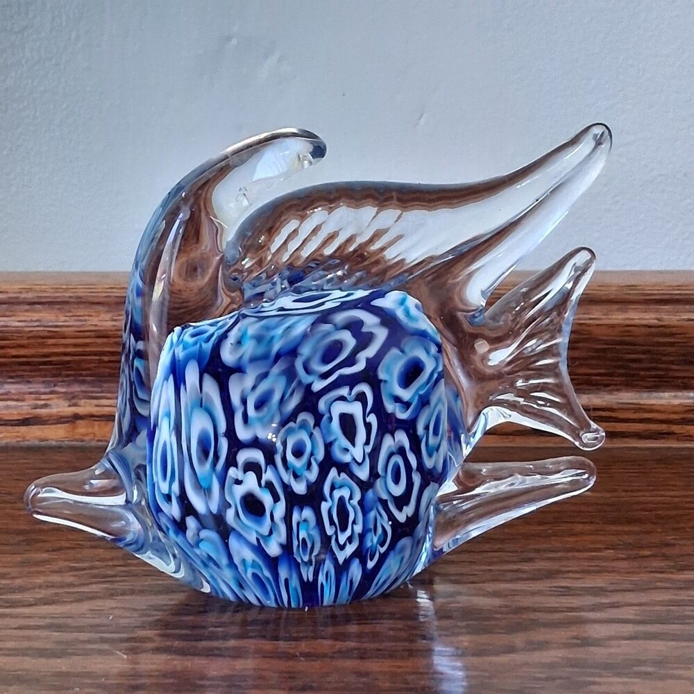 Millefiori Art Vintage Glass Tropical Angel Fish Murano Style Paperweight